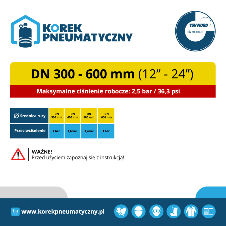 Karta ciśnień dla korka pneumatycznego, zamykającego o rozmiarach DN 300-600